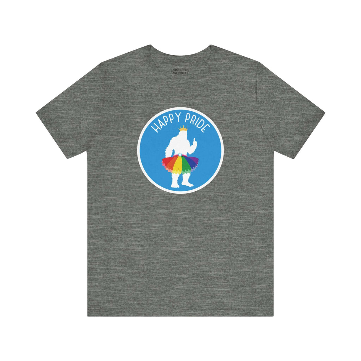 Bigfoot's Pride Parade tee with rainbow tutu and crown on gray shirt, featuring "Happy Pride" text in blue circle.