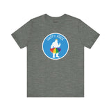 Bigfoot's Pride Parade tee with rainbow tutu and crown on gray shirt, featuring 