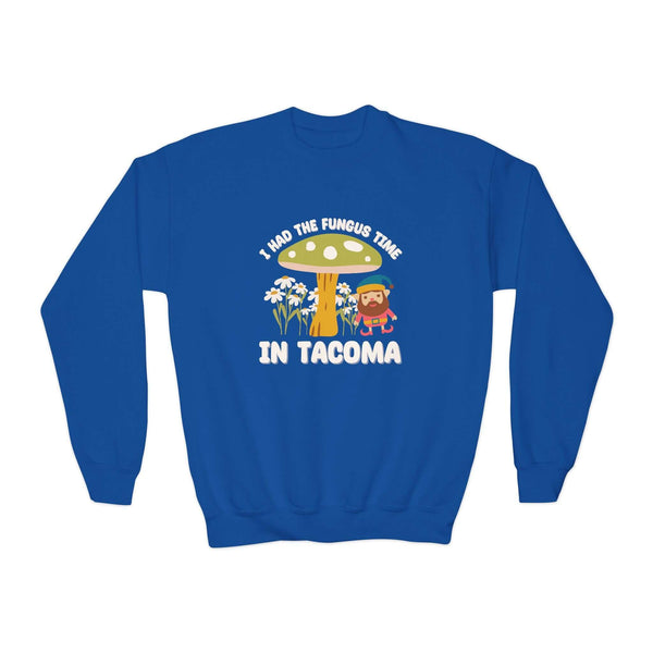 Blue kids sweatshirt featuring a mushroom house and gnome with text 'I Had the Fungus Time in Tacoma'.