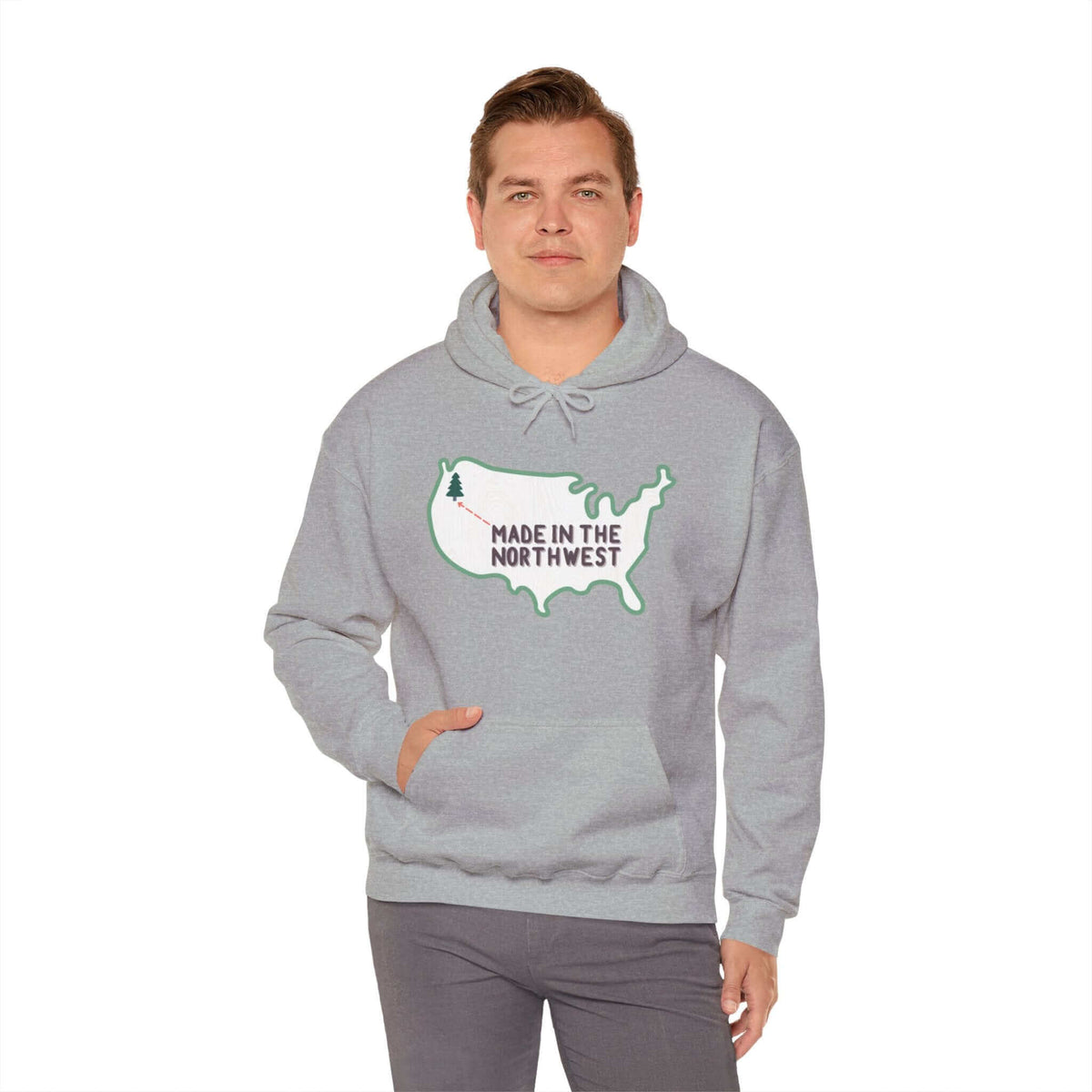 Evergreen is Where It's At Hoodie Show your love for the Pacific Northwest with our exclusive "Evergreen is Where it's At" hooded sweatshirt. This design features the woodgrain United States with a tree marking the PNW location, highlighted by an arrow an