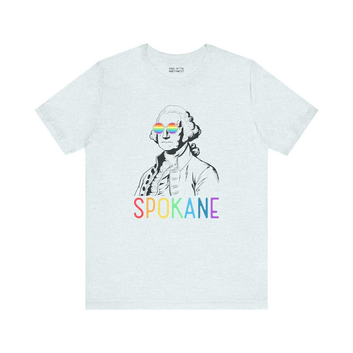 George's Rainbow Vision Spokane Tee with rainbow lettering and line art of George Washington wearing rainbow glasses.