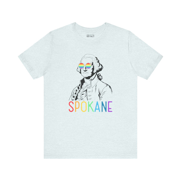 George's Rainbow Vision Spokane Tee with rainbow lettering and line art of George Washington wearing rainbow glasses.