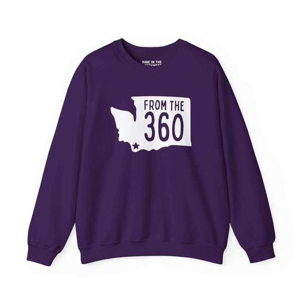 Purple sweatshirt featuring "From the 360" text with Washington state silhouette and star marking Vancouver location.