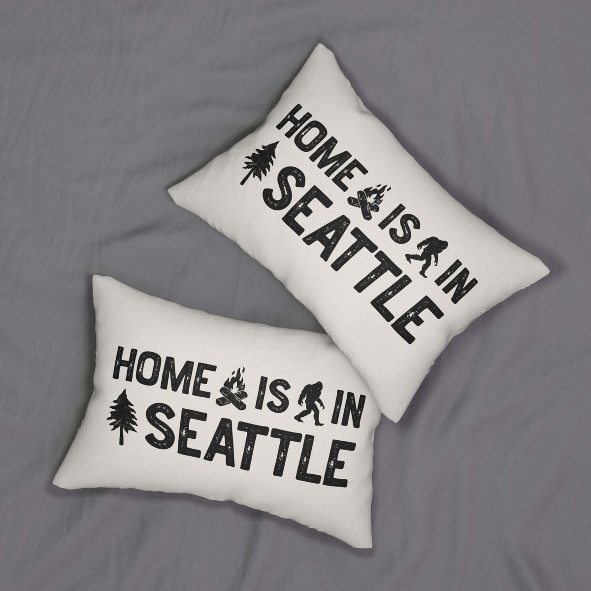 Home is in Seattle Lumbar Accent Pillow featuring cozy design with campfire and sasquatch.
