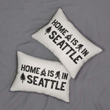 Home is in Seattle Lumbar Accent Pillow featuring cozy design with campfire and sasquatch.