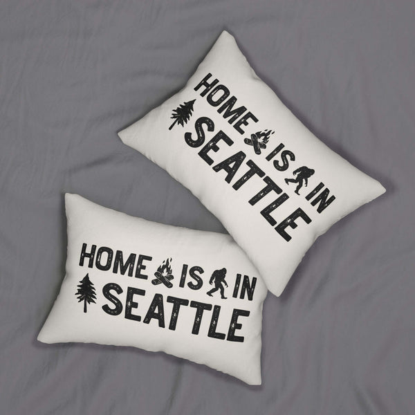 Home is in Seattle Lumbar Accent Pillow featuring cozy design with campfire and sasquatch.