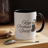 Keep Portland Beard Ceramic Coffee Mug with vintage beard design and funky sunglasses on a kitchen counter