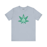 Light gray tee with green marijuana leaf and 