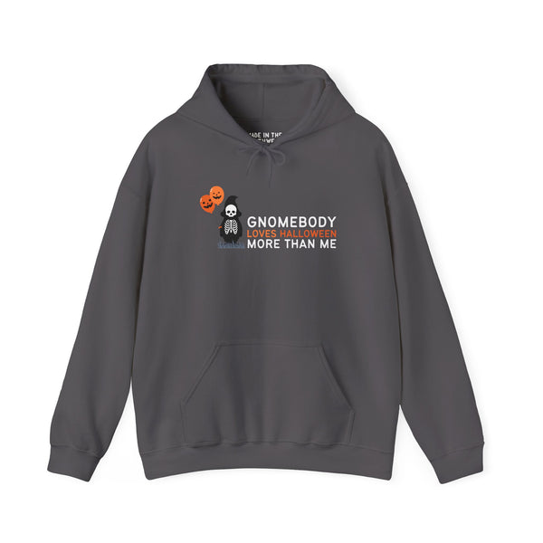 Gnomebody Loves Halloween More Than Me hoodie featuring a skeleton gnome with Halloween balloons, perfect for spooky celebrations.