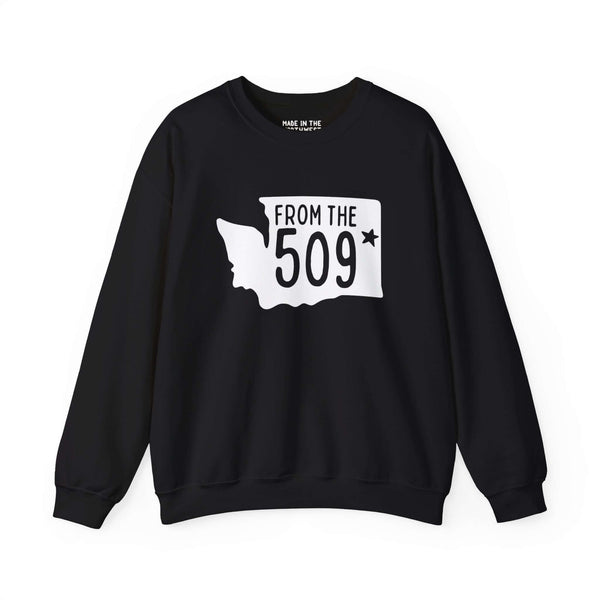 Black "From the 509" sweatshirt with Washington state silhouette and Spokane star, showing local pride and area code.