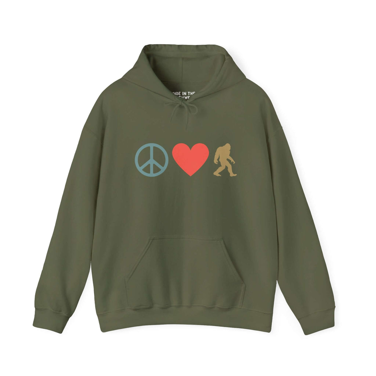 Peace, Love, and Bigfoot hoodie in olive green featuring peace sign, heart, and Bigfoot silhouette.