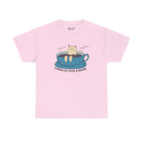 Pink tee with a bear lounging in a coffee cup, featuring the text 'Running on Coffee and Dreams', perfect for coffee lovers.