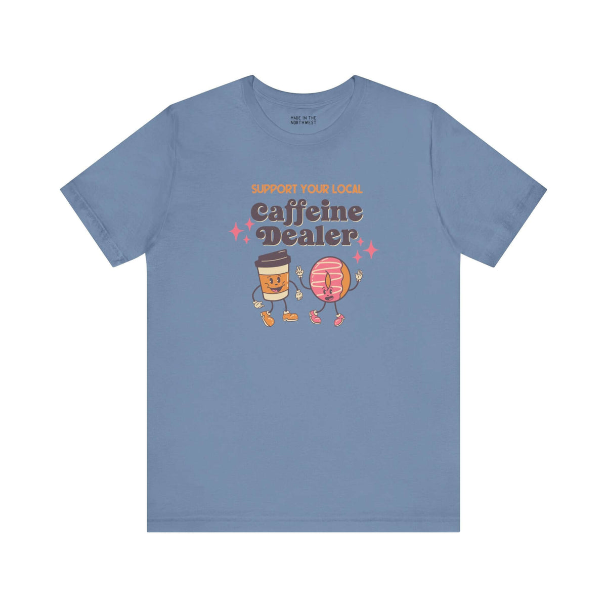 Support Your Local Caffeine Dealer coffee soft tee in blue, featuring playful coffee cup and donut graphics.