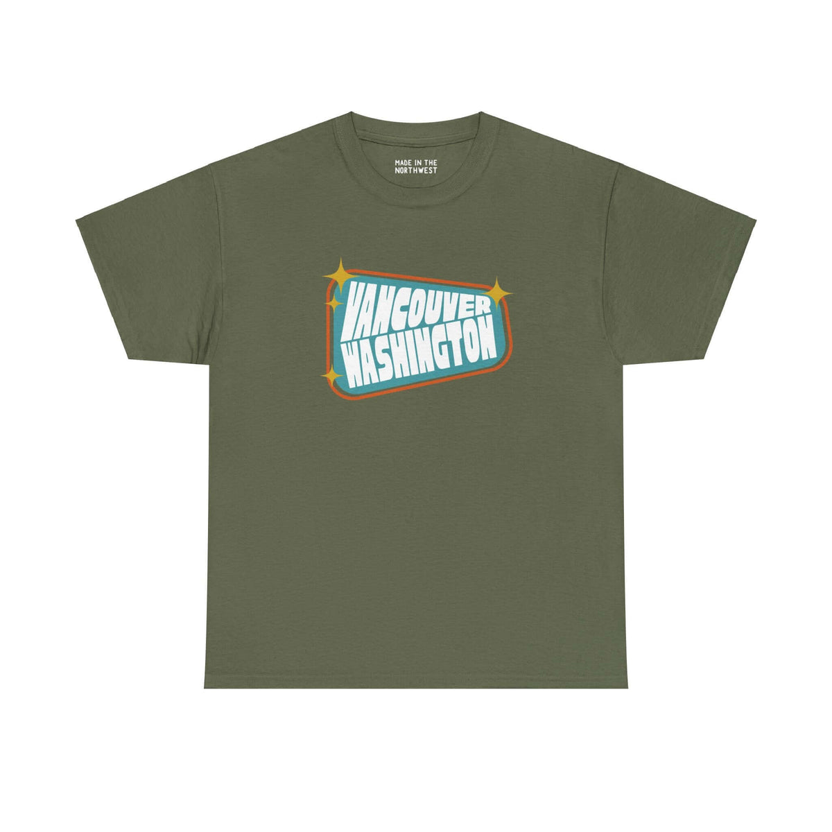 Retro-style Vancouver Washington tee with 50s-inspired design on olive green fabric.