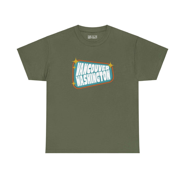 Retro-style Vancouver Washington tee with 50s-inspired design on olive green fabric.