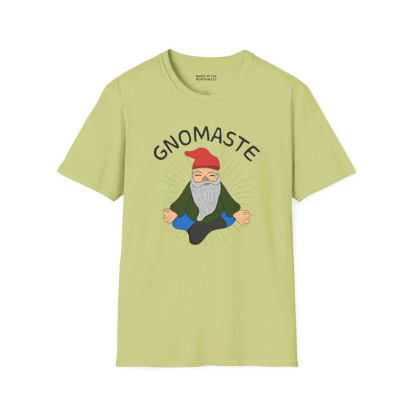 Gnomaste T Shirt featuring a meditating gnome illustration and hand-lettered text on a light green background.