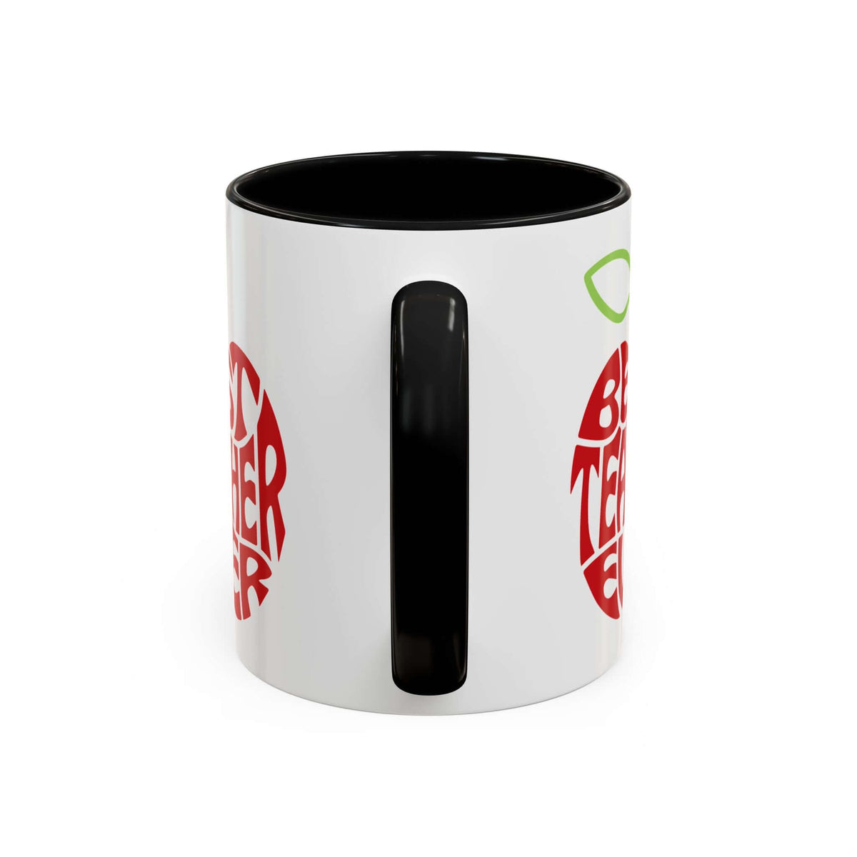 Best Teacher Ever Mug with bold red apple graphic on glossy white body and contrasting black handle.