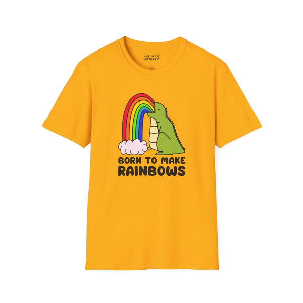 Born to Make Rainbows Dinosaur T-Shirt in yellow featuring rainbow graphic, perfect for fun and unique fashion.