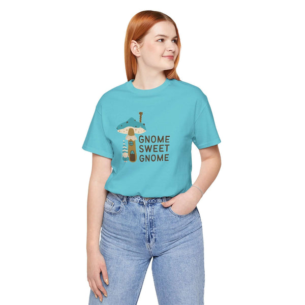 Gnome Sweet Gnome house design premium soft tee worn by a woman, featuring an adorable gnome and mushroom graphic.