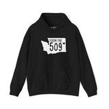Black hoodie with 'From the 509' text and Washington state silhouette, perfect for Spokane pride.
