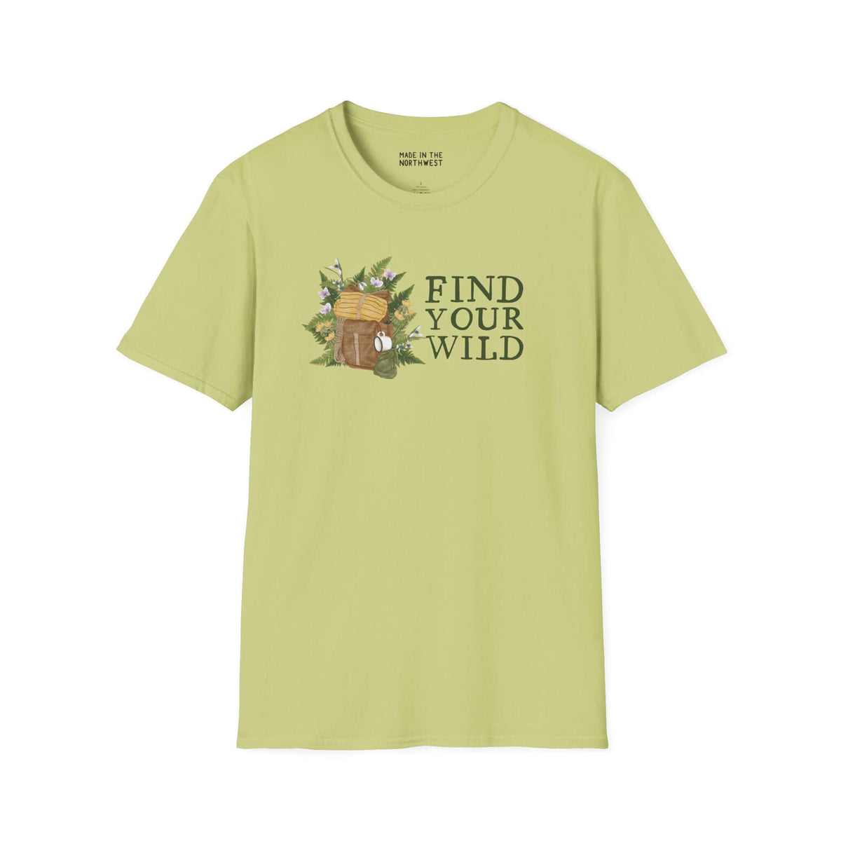 Find Your Wild softstyle t-shirt in light green with watercolor backpack and fern design, perfect for outdoor adventurers.