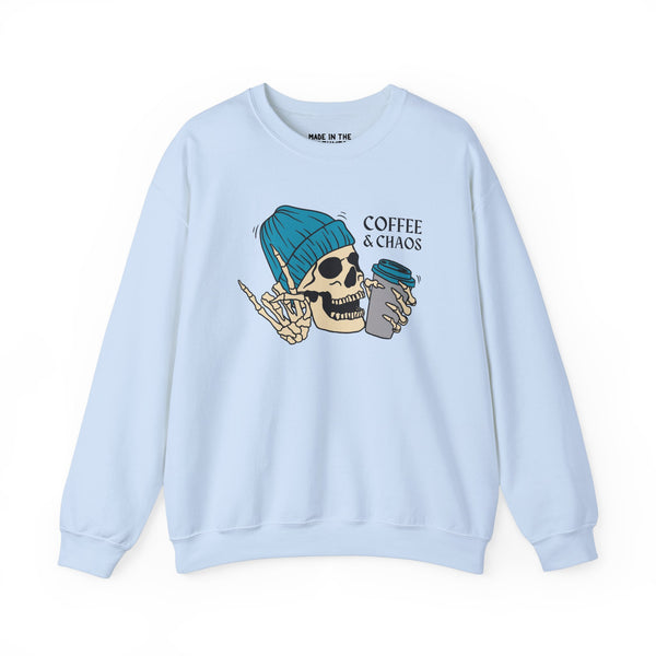 Light blue sweatshirt with skeleton design and 'Coffee & Chaos' text, perfect for coffee lovers and rebellious spirits.