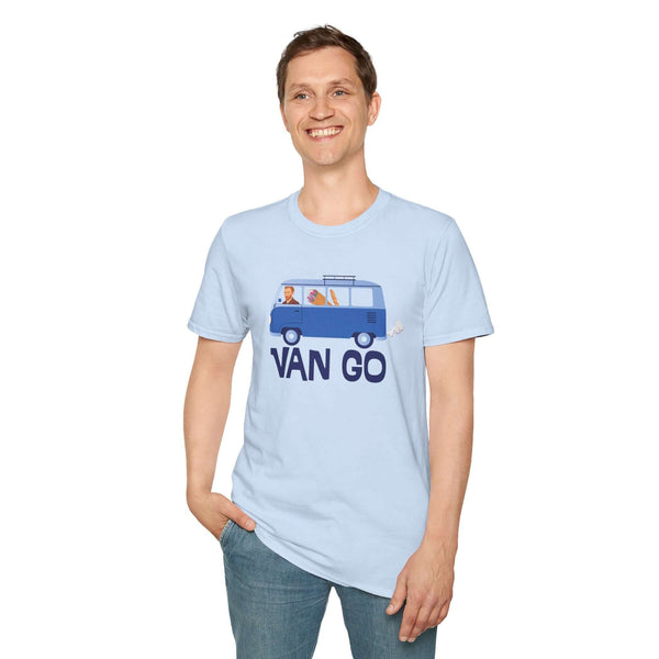 Man wearing light blue Vincent in a Van Go Softstyle T-Shirt featuring a VW van design.