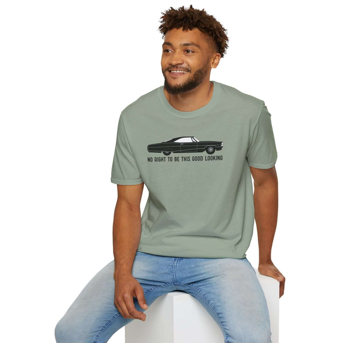 Man wearing No Right to Be This Good Looking Car Softstyle T-Shirt featuring 1965 Pontiac Bonneville design.