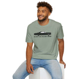 Man wearing No Right to Be This Good Looking Car Softstyle T-Shirt featuring 1965 Pontiac Bonneville design.