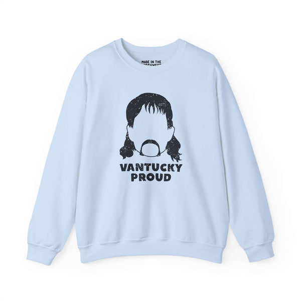 Light blue Vantucky Proud sweatshirt featuring a unique graphic design of Rusty McCoy.