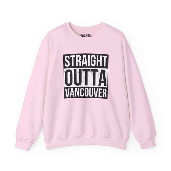 Pink sweatshirt with "Straight Outta Vancouver" design, inspired by iconic streetwear, expressing local pride and bold style.