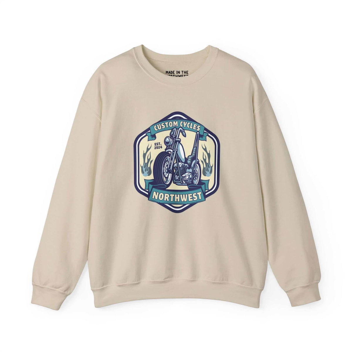 Beige sweatshirt featuring a motorcycle design with "Custom Cycles Northwest," perfect for motorcycle enthusiasts.