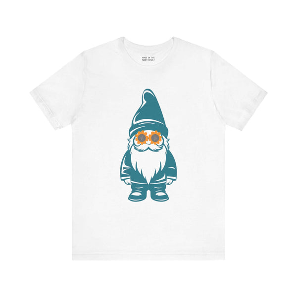 Teal gnome graphic on white tee with daisy sunglasses, adding whimsy and fun to PNW-inspired wardrobes.