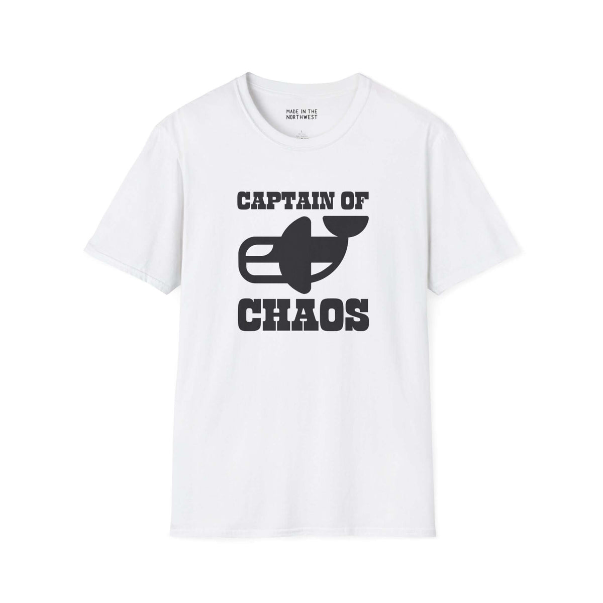 Captain of Chaos Orca Softstyle T-Shirt featuring bold black text on a white shirt.
