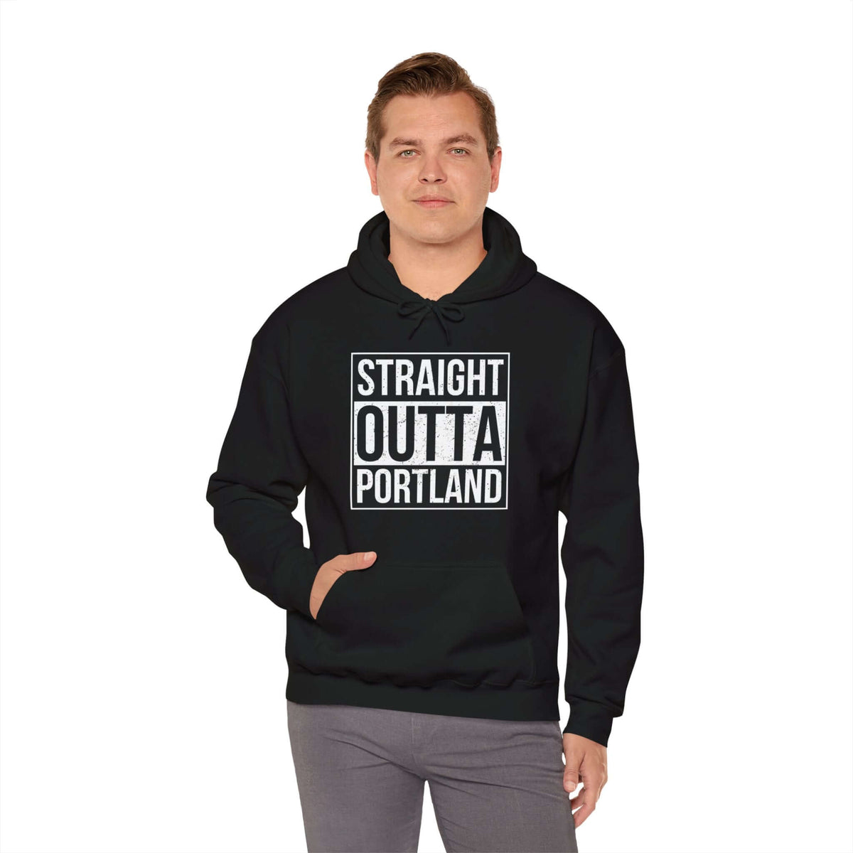 Black "Straight Outta Portland" hoodie modeled, showcasing bold local pride and streetwear style.