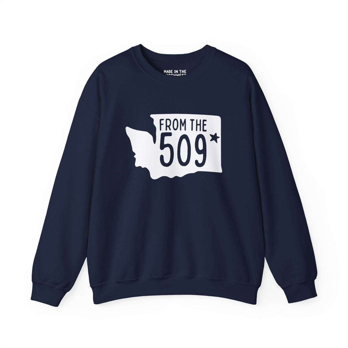 "From the 509 sweatshirt featuring Washington state silhouette with Spokane star, showcasing local pride and area code style"