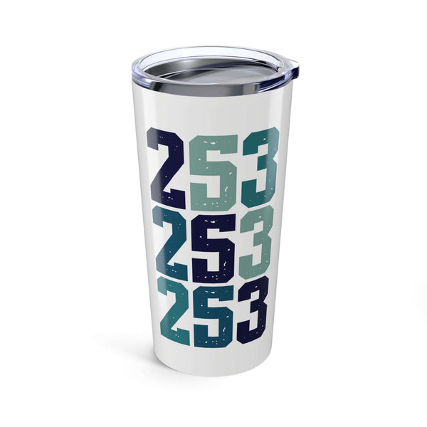 253 Area Code Coffee Tumbler with blue 253 design, perfect for daily use.