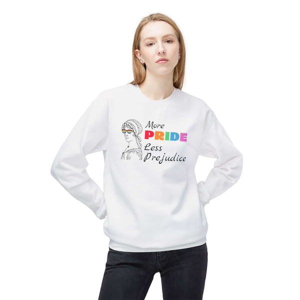 Model wearing a More Pride Less Prejudice sweatshirt with vintage design and rainbow typography.
