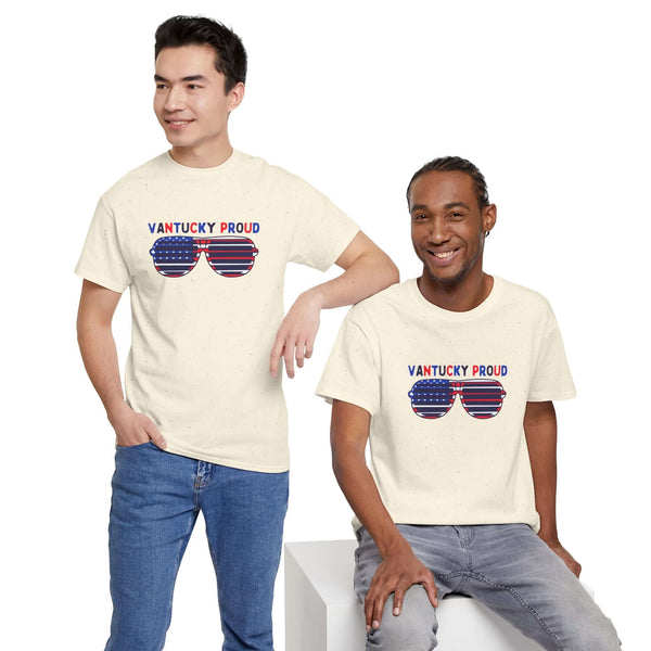 Two men wearing Vantucky Proud athletic tees with sunglasses and American flag design, perfect for summer celebrations.