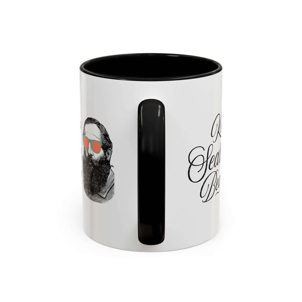 Keep Seattle Beard Ceramic Coffee Mug featuring a bearded man with sunglasses on a white mug.