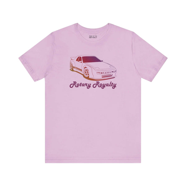Rotary Royalty premium soft tee featuring iconic Mazda RX-7 graphic for car enthusiasts.