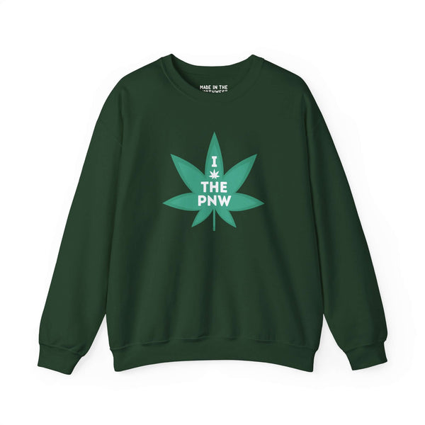 Chronic PNW Love Sweatshirt featuring a marijuana leaf graphic in green on a dark green pullover.