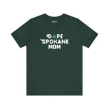Dope Spokane Mom premium soft tee in dark green featuring a playful marijuana leaf in the text for cool moms.