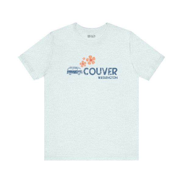 Groovy premium soft tee featuring a retro van and flower design, inspired by Vancouver and PNW charm.