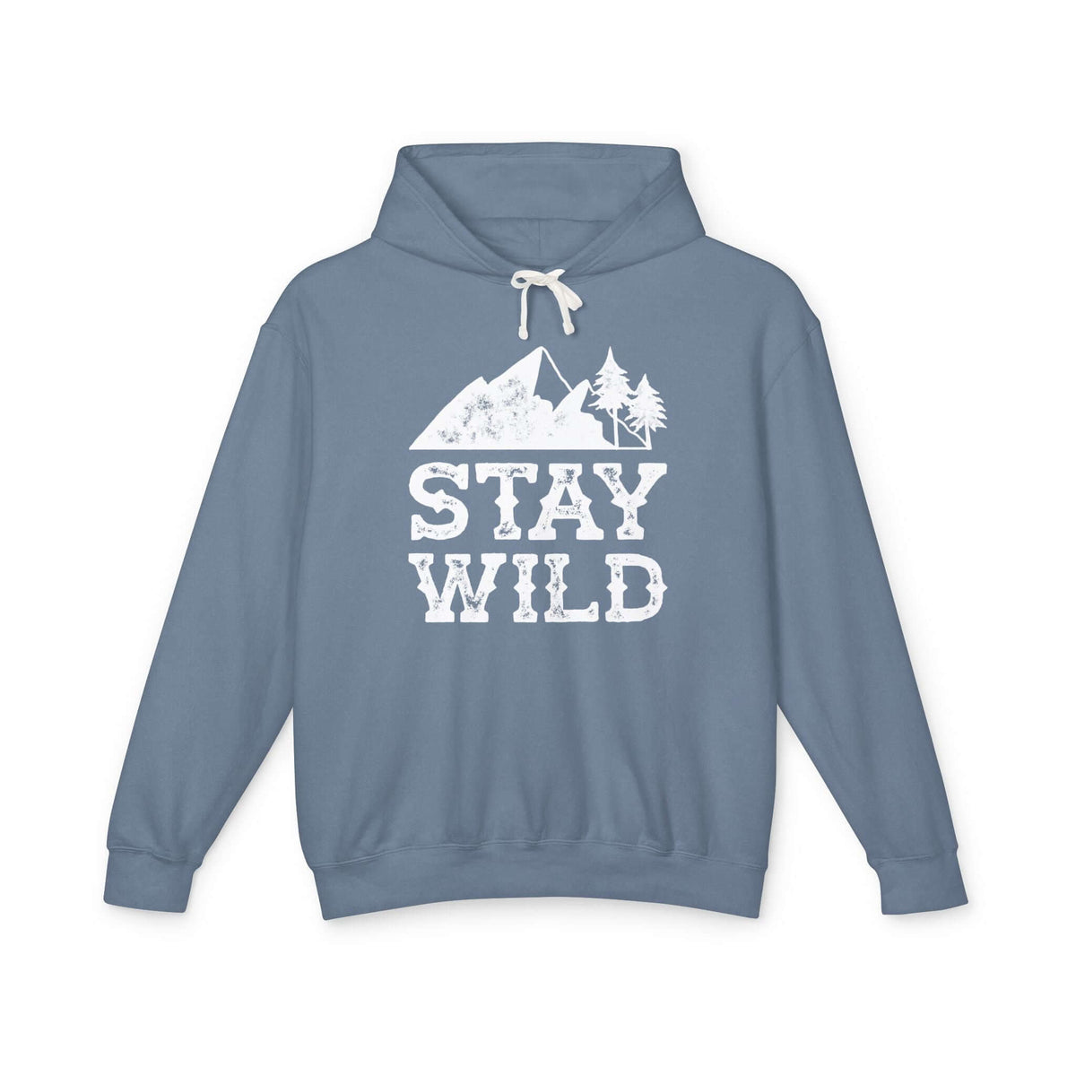 Stay Wild hoodie featuring a mountain and tree graphic on a blue sweatshirt.