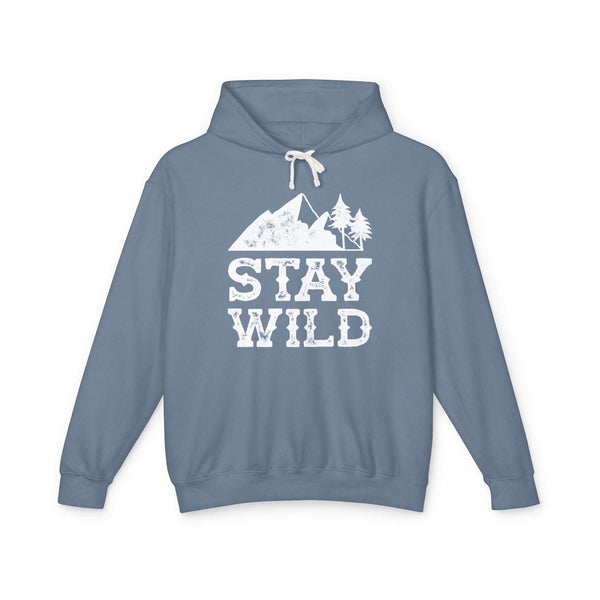 Stay Wild hoodie featuring a mountain and tree graphic on a blue sweatshirt.