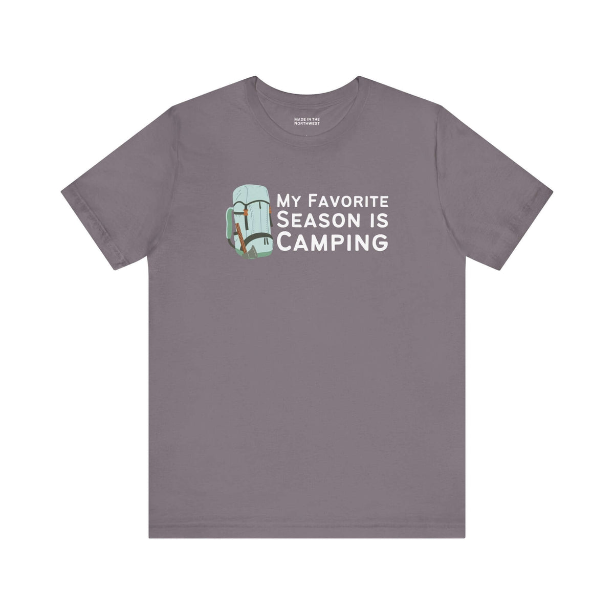 My Favorite Season is Camping Tee design featuring a backpack graphic on a gray shirt.