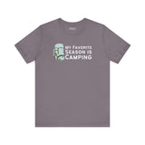 My Favorite Season is Camping Tee design featuring a backpack graphic on a gray shirt.