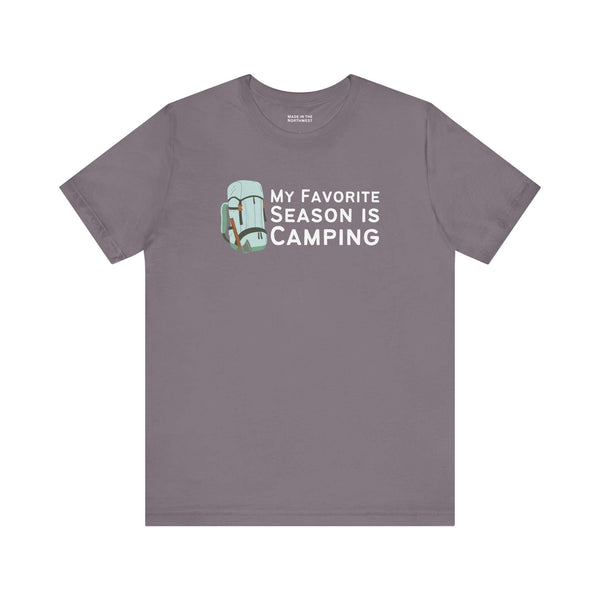 My Favorite Season is Camping Tee design featuring a backpack graphic on a gray shirt.
