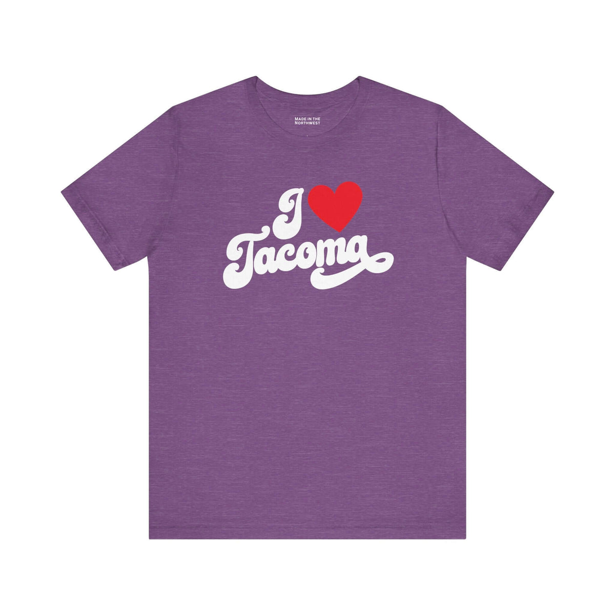 I love Tacoma t shirt in purple with white cursive text and a red heart design.